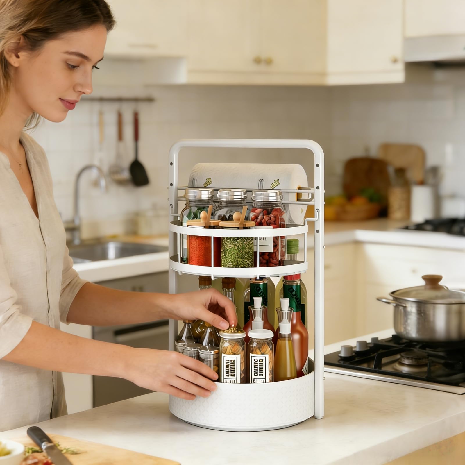 2 Tier Rotating Spice Rack with Paper Towel Holder