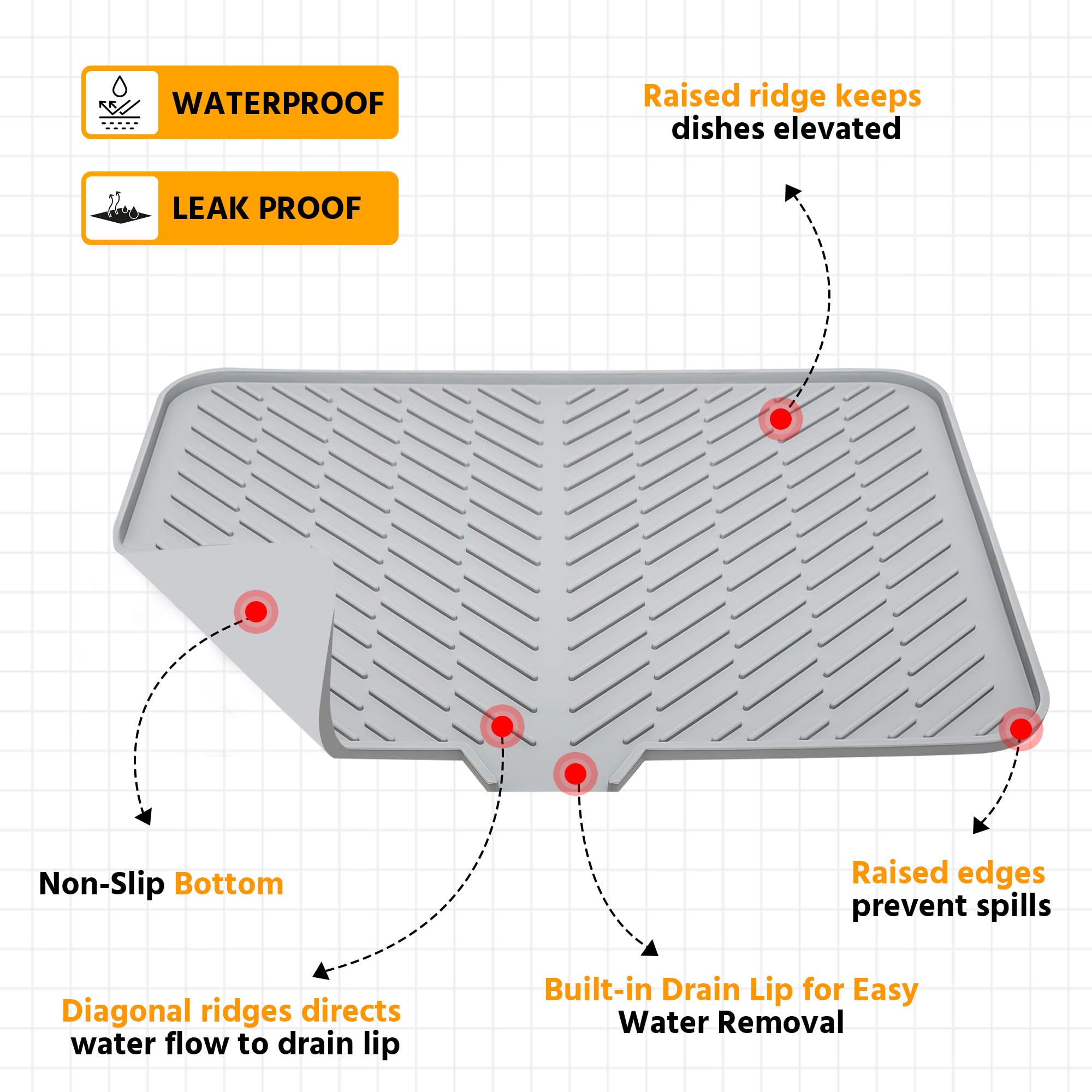 Silicone Dish Drying Mat with Drain Lip