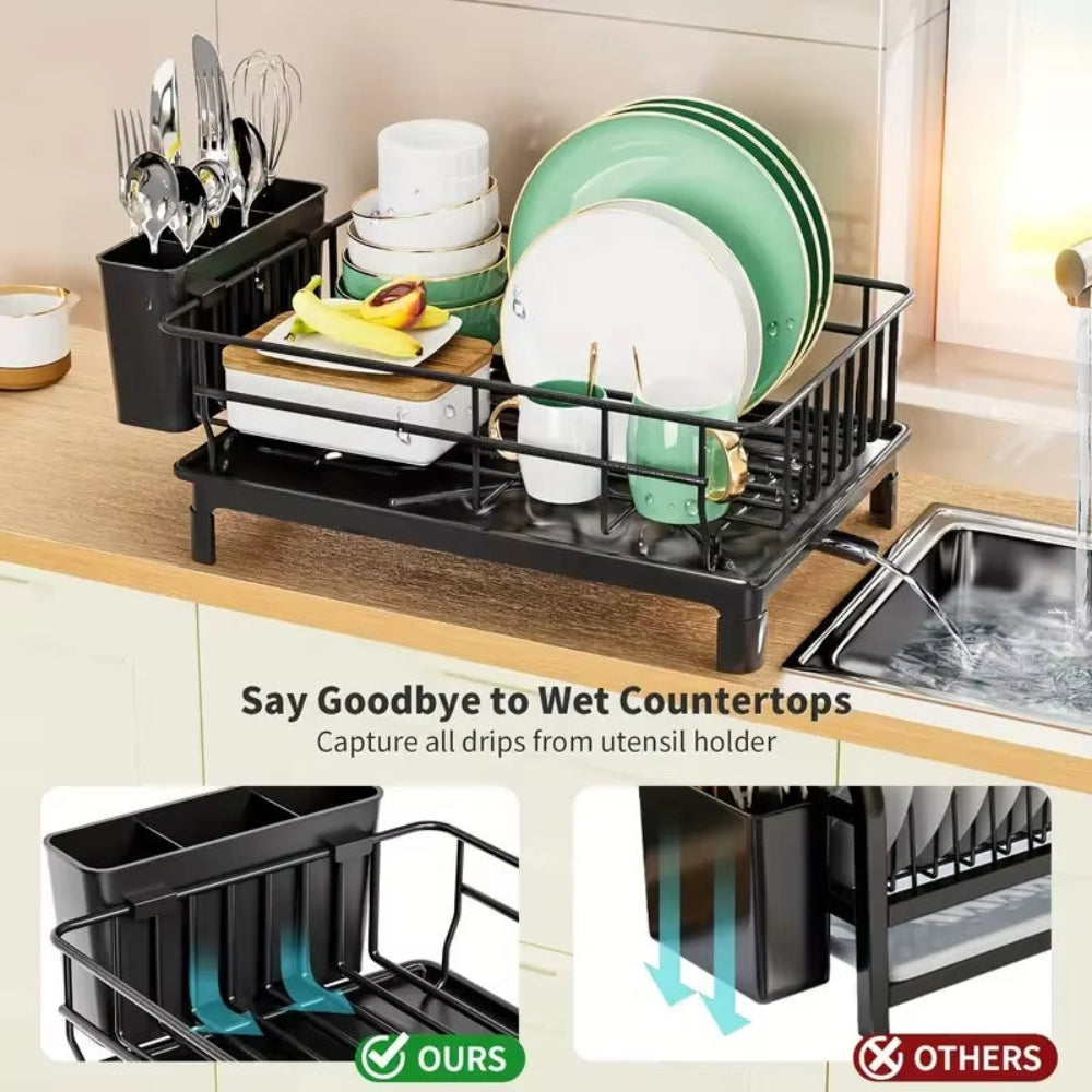 Rustproof Dish Drying Rack with Utensil Holder & Drain Board