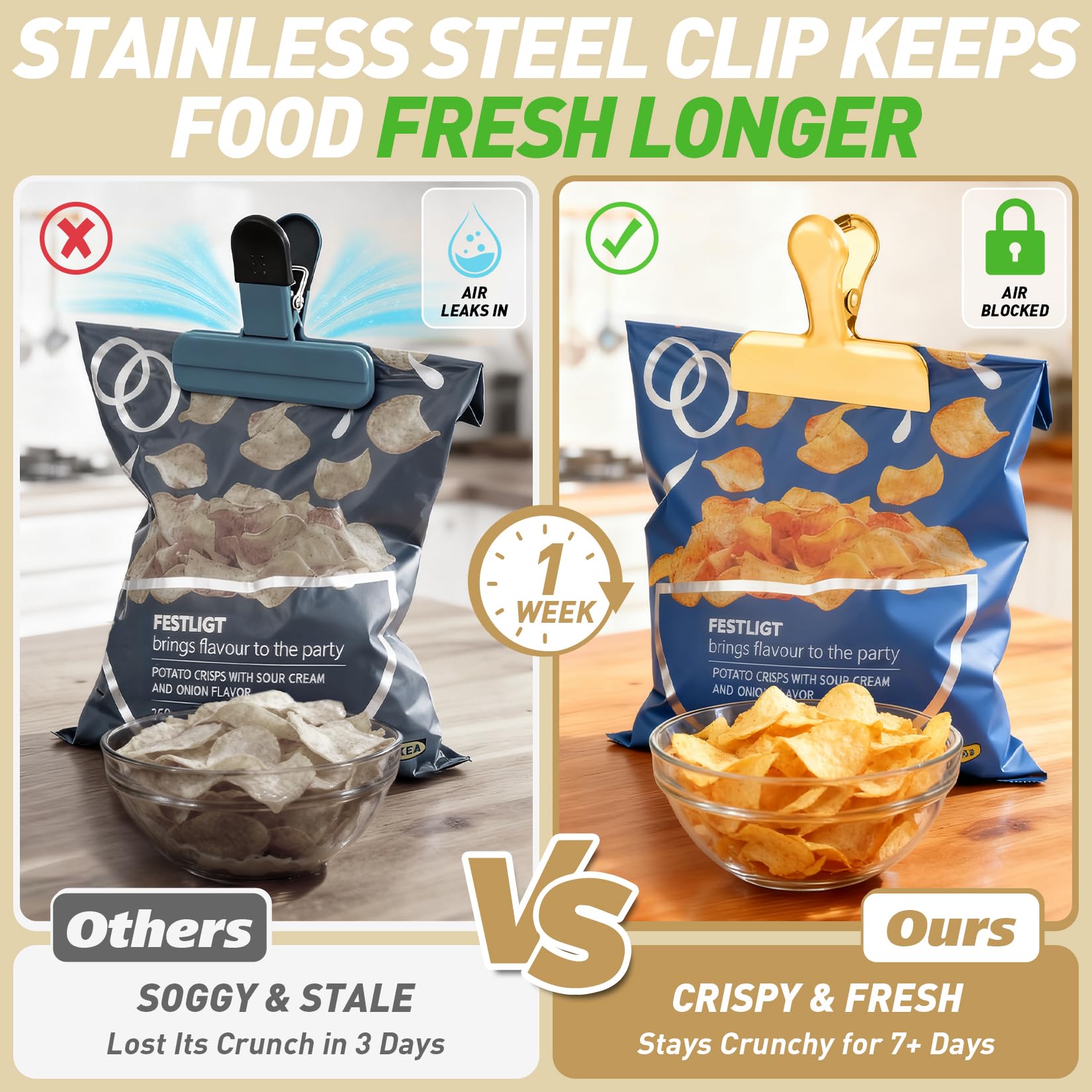 8PCS Stainless Steel Chip Bag Clips Airtight Food Sealing Clips