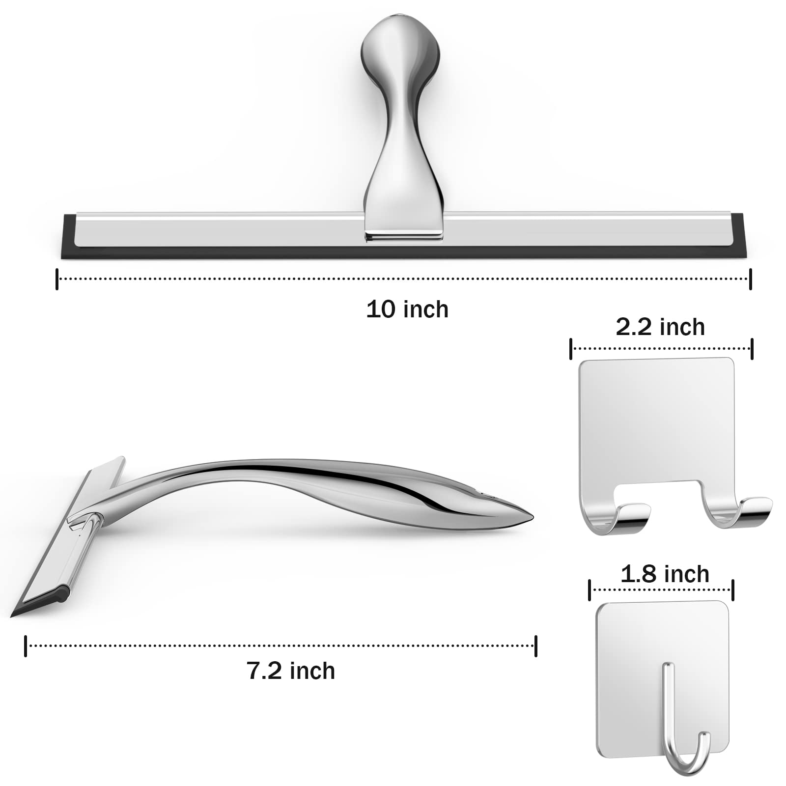 All-Purpose Stainless Steel Shower Squeegee with 2 Adhesive Hooks