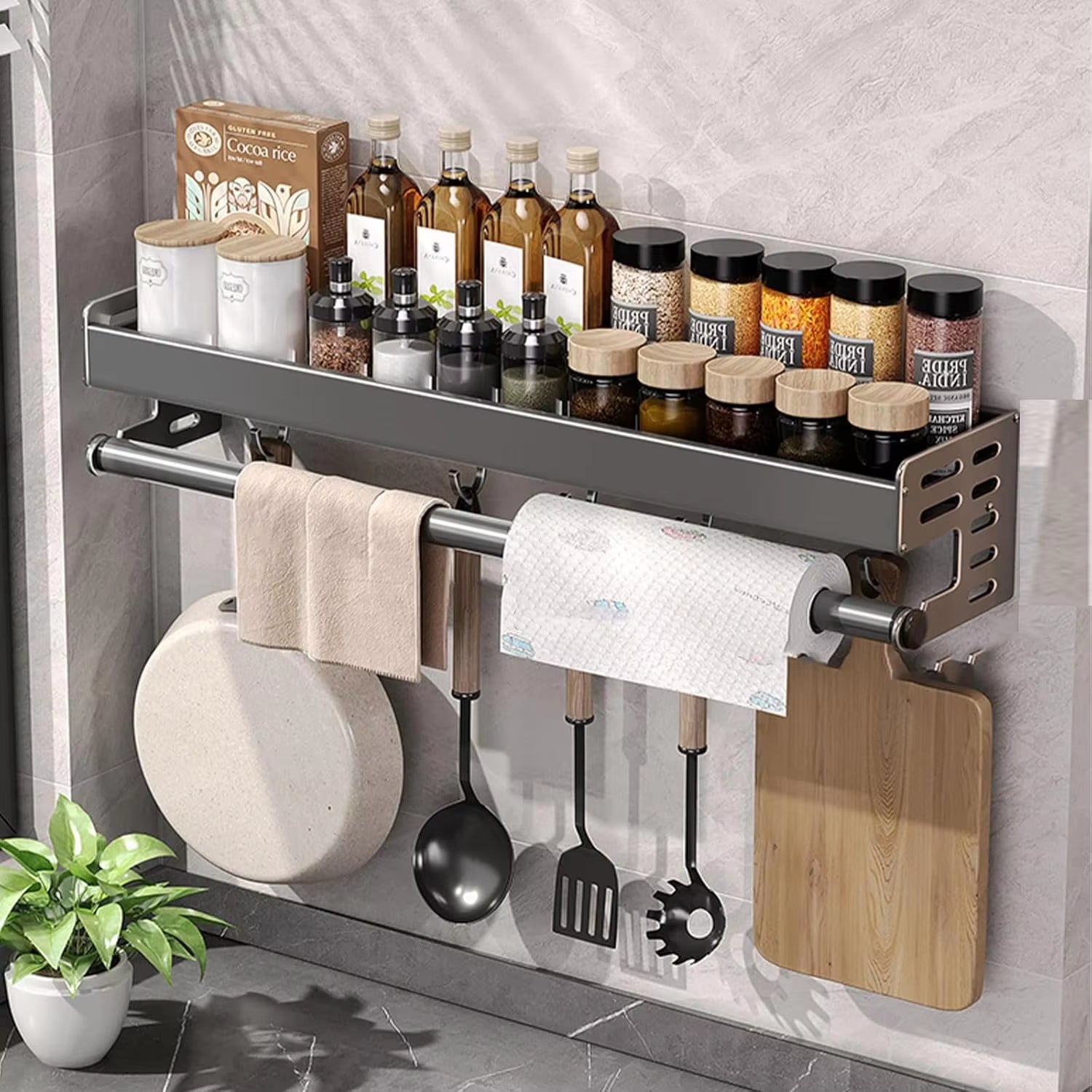 Wall Mount Spice Rack Utensil Holder Kitchen Shelf Hooks