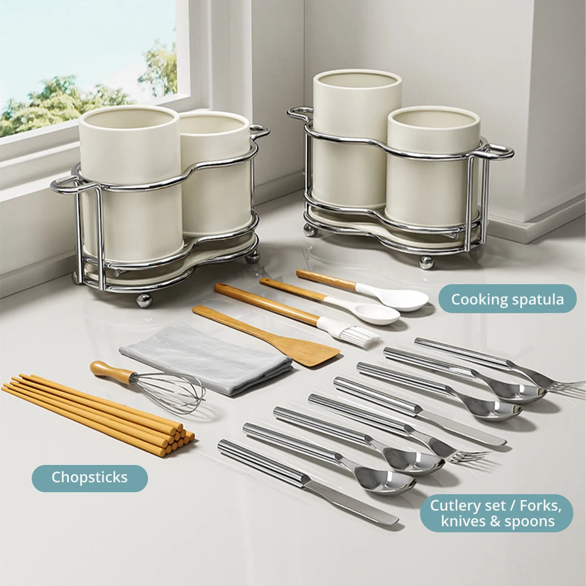 Stainless Steel Utensil Holder with Drain Tray