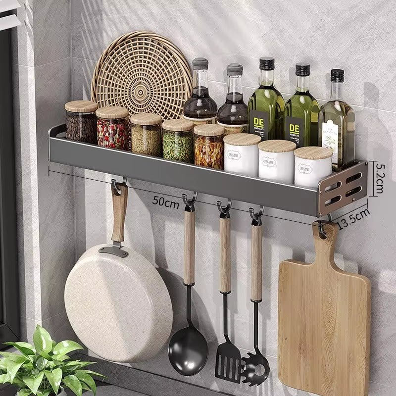 Wall Mount Spice Rack Utensil Holder Kitchen Shelf Hooks