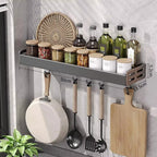 Wall Mount Spice Rack Utensil Holder Kitchen Shelf Hooks