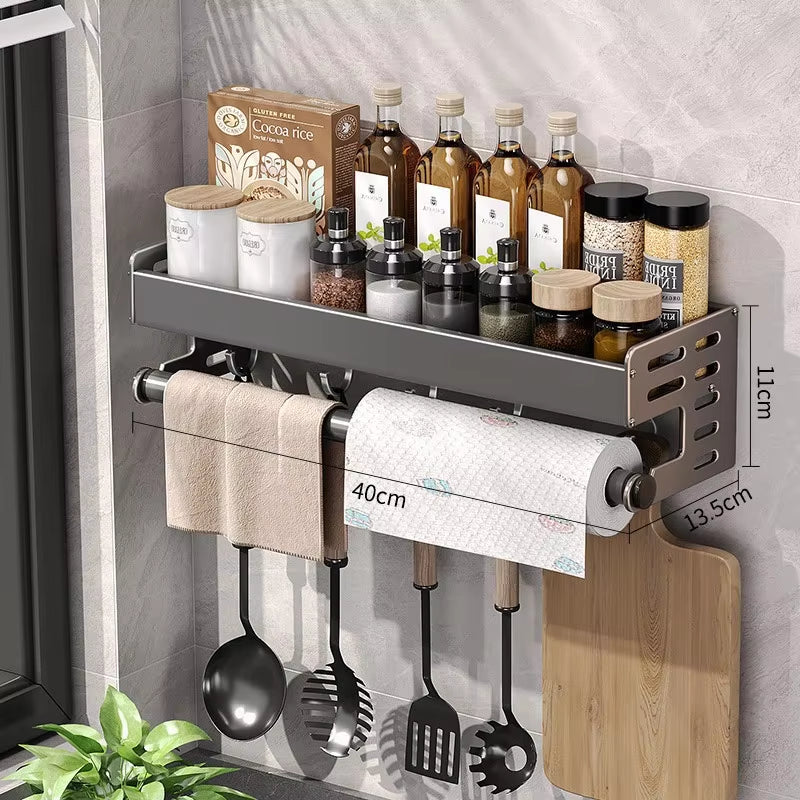 Wall Mount Spice Rack Utensil Holder Kitchen Shelf Hooks
