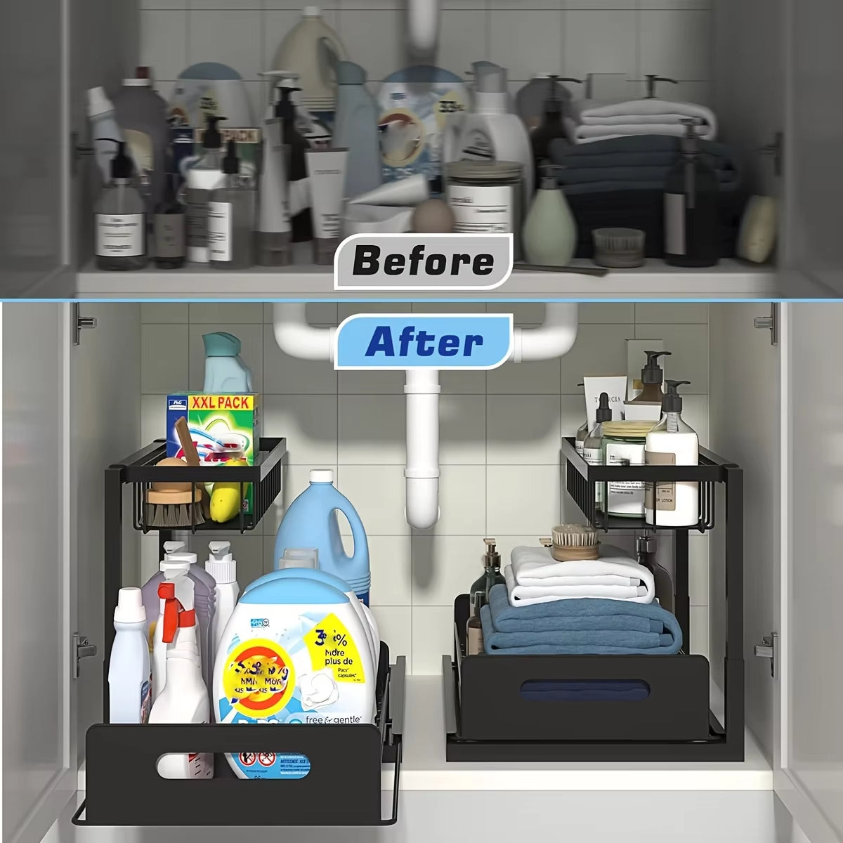 Under Sink Sliding Drawer Organizer with Pull-Out Shelves