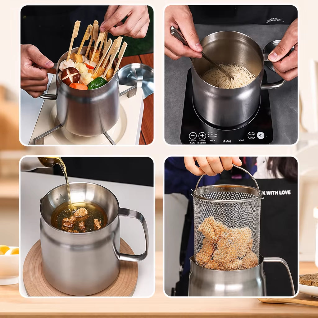 Stainless Steel Deep Fryer Pot with Basket & Strainer