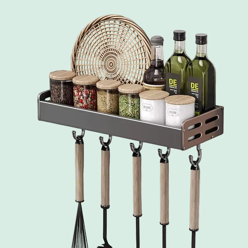 Wall Mount Spice Rack Utensil Holder Kitchen Shelf Hooks