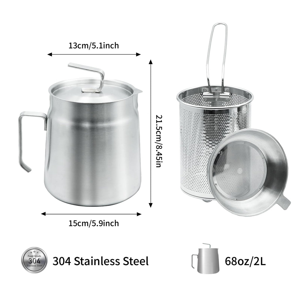 68oz Stainless Steel Oil Filter Pot with Deep Fryer Basket