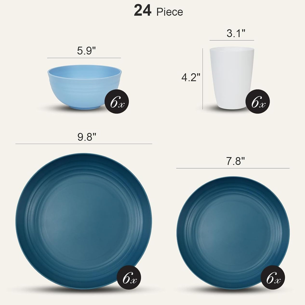 Unbreakable Dinnerware Set for 6, Plates & Bowls (24PCS)