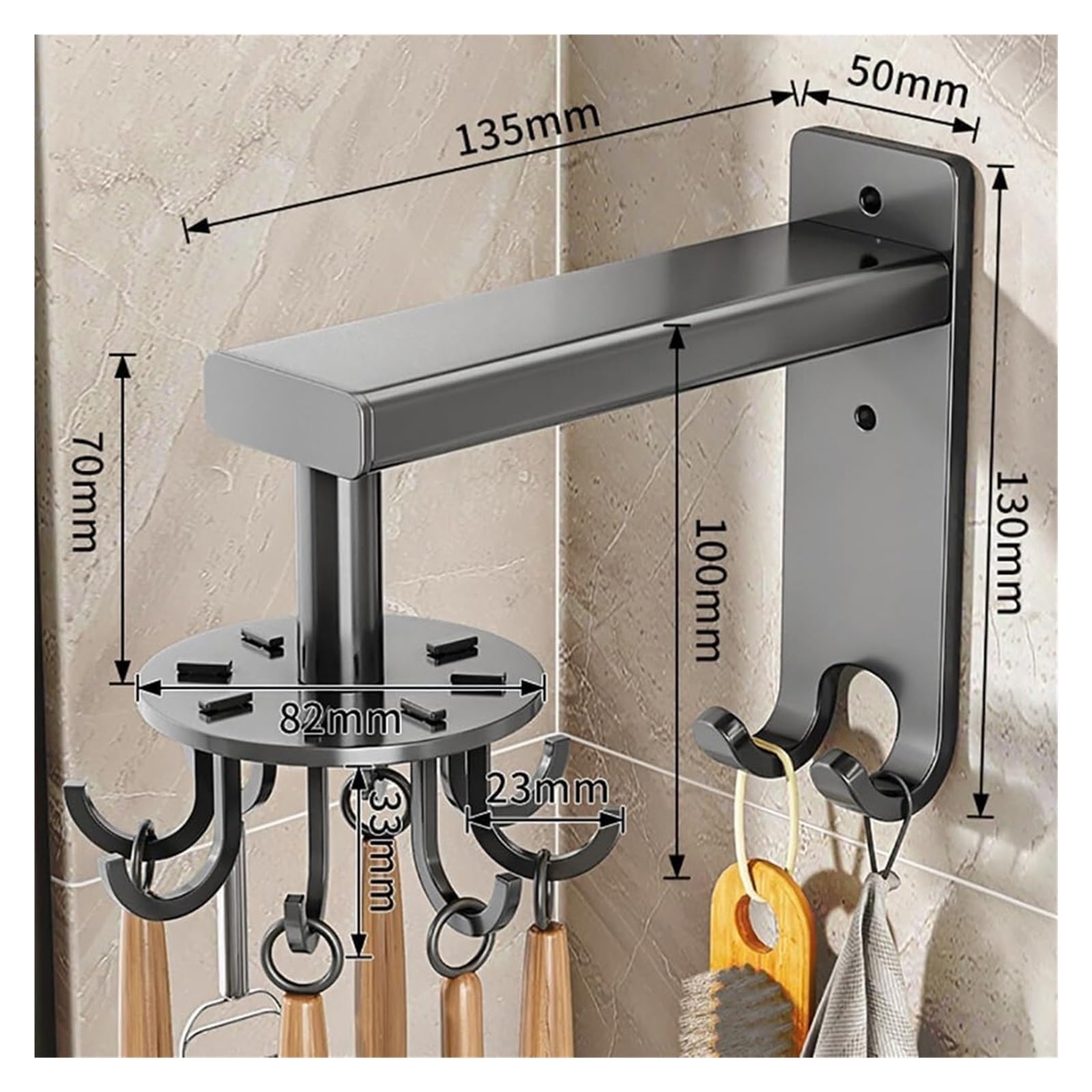 Wall Mounted Kitchen Rotary Utensil Hook Rack