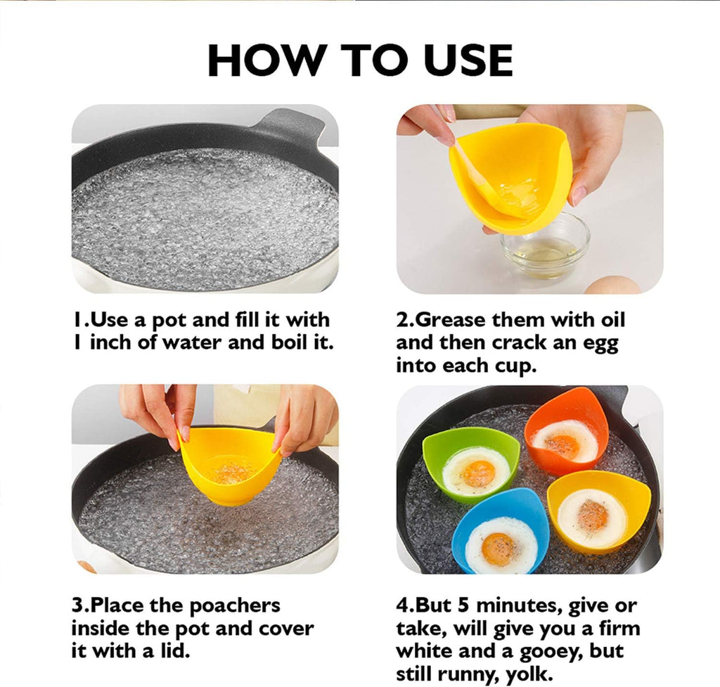 Silicone Egg Poacher Cups with Ring Stands, Set of 4 – Non-Stick, BPA-Free