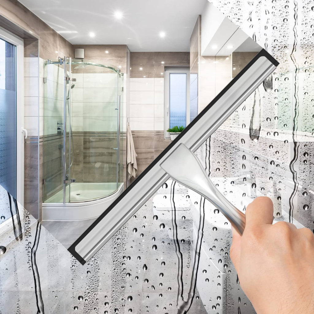 All-Purpose Stainless Steel Shower Squeegee with 2 Adhesive Hooks
