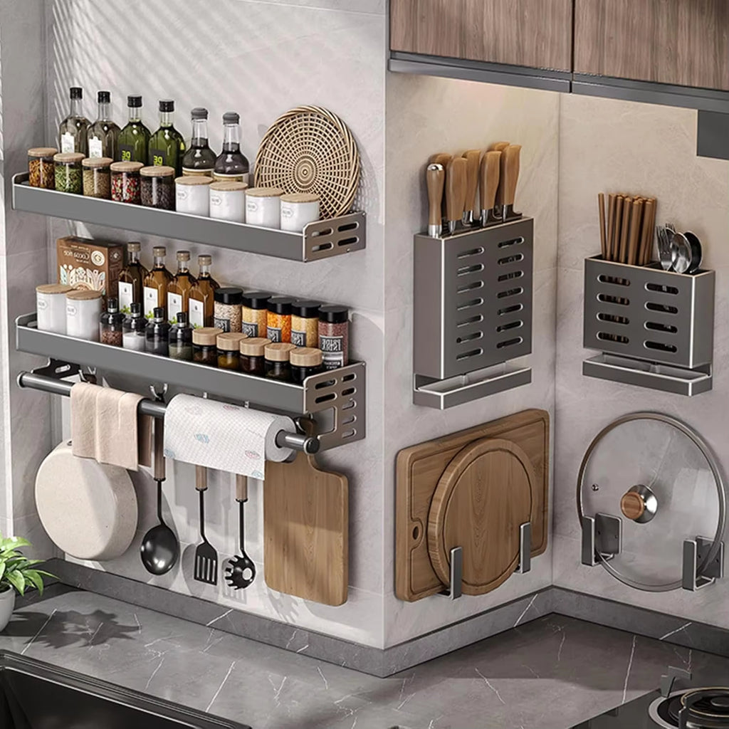 Wall Mount Spice Rack Utensil Holder Kitchen Shelf Hooks