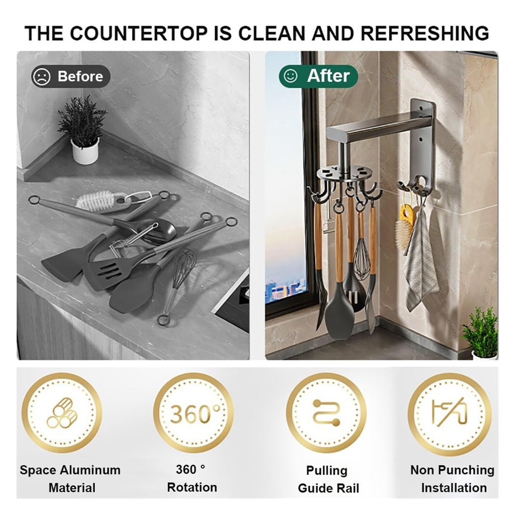 Wall Mounted Kitchen Rotary Utensil Hook Rack