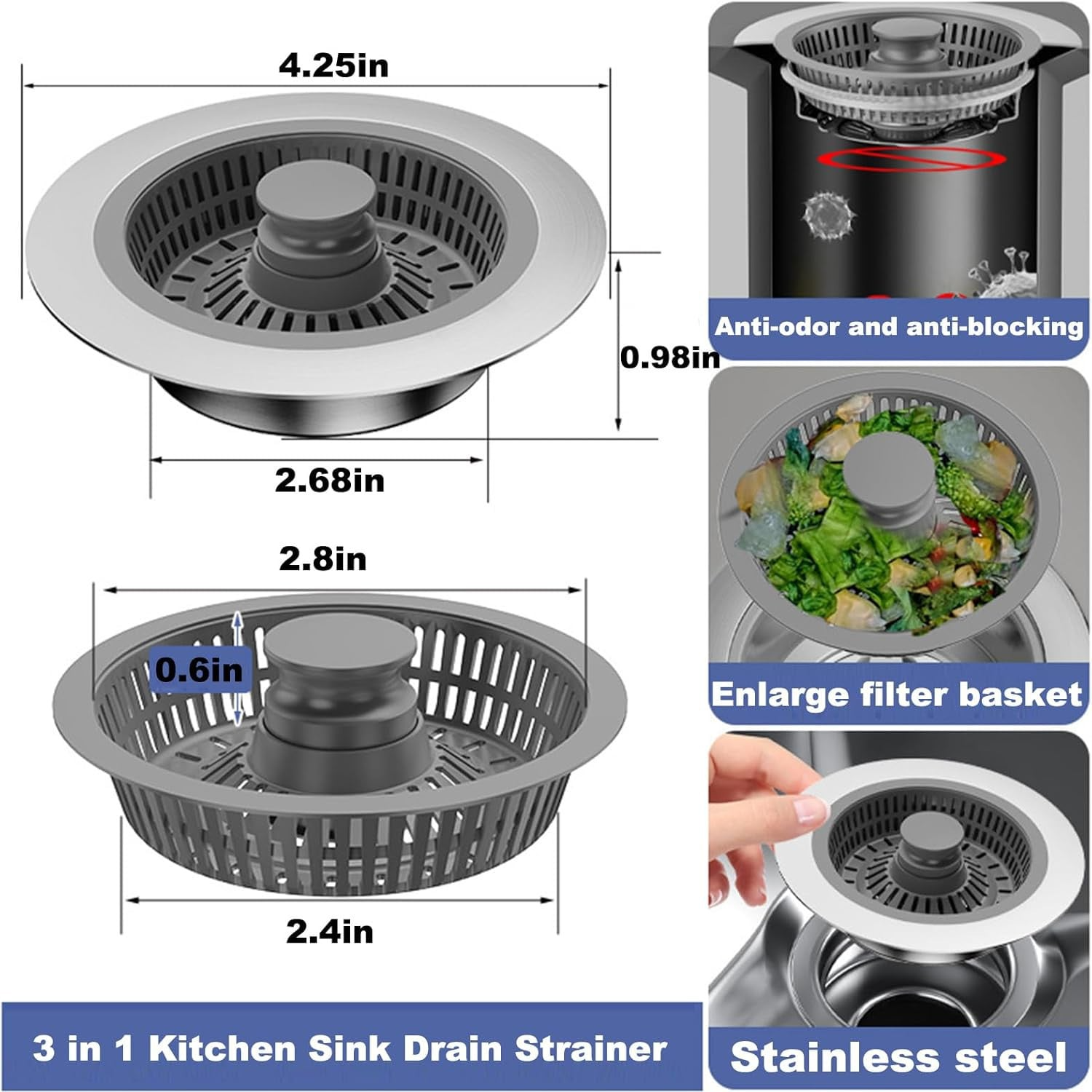 3-in-1 Kitchen Sink Drain Strainer & Stopper