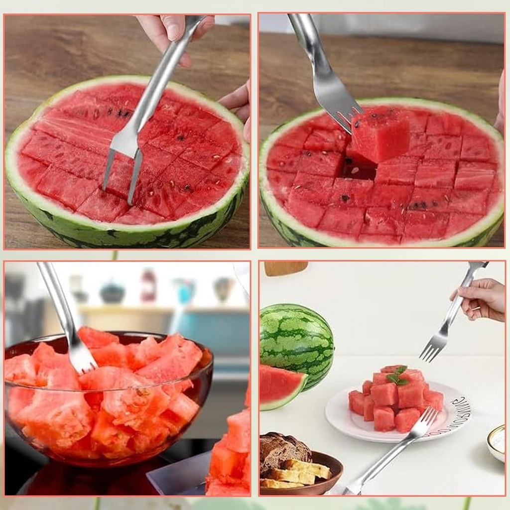 2-in-1 Stainless Steel Fruit Cutter, Dual Head Watermelon Fork Slicer Tool, Watermelon Cube Cutter