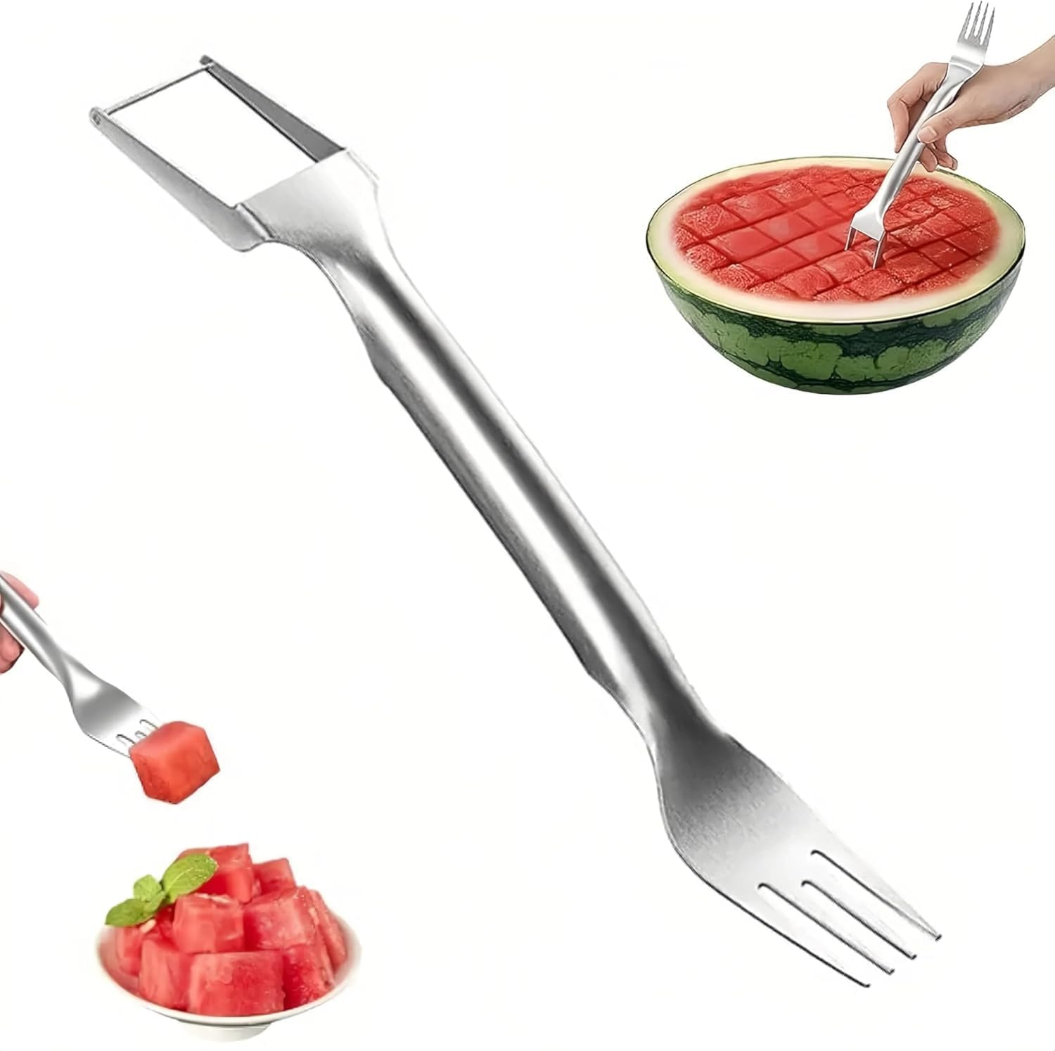 2-in-1 Stainless Steel Fruit Cutter, Dual Head Watermelon Fork Slicer Tool, Watermelon Cube Cutter