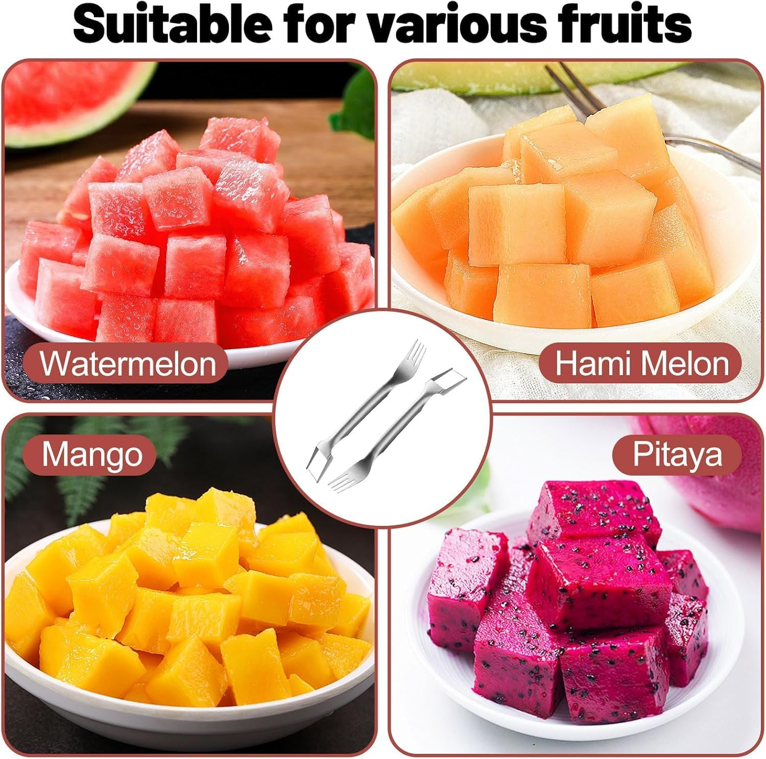 2-in-1 Stainless Steel Fruit Cutter, Dual Head Watermelon Fork Slicer Tool, Watermelon Cube Cutter