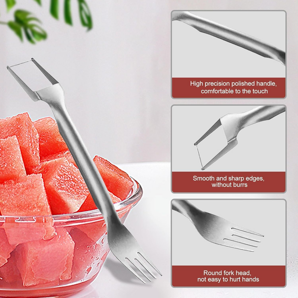 2-in-1 Stainless Steel Fruit Cutter, Dual Head Watermelon Fork Slicer Tool, Watermelon Cube Cutter