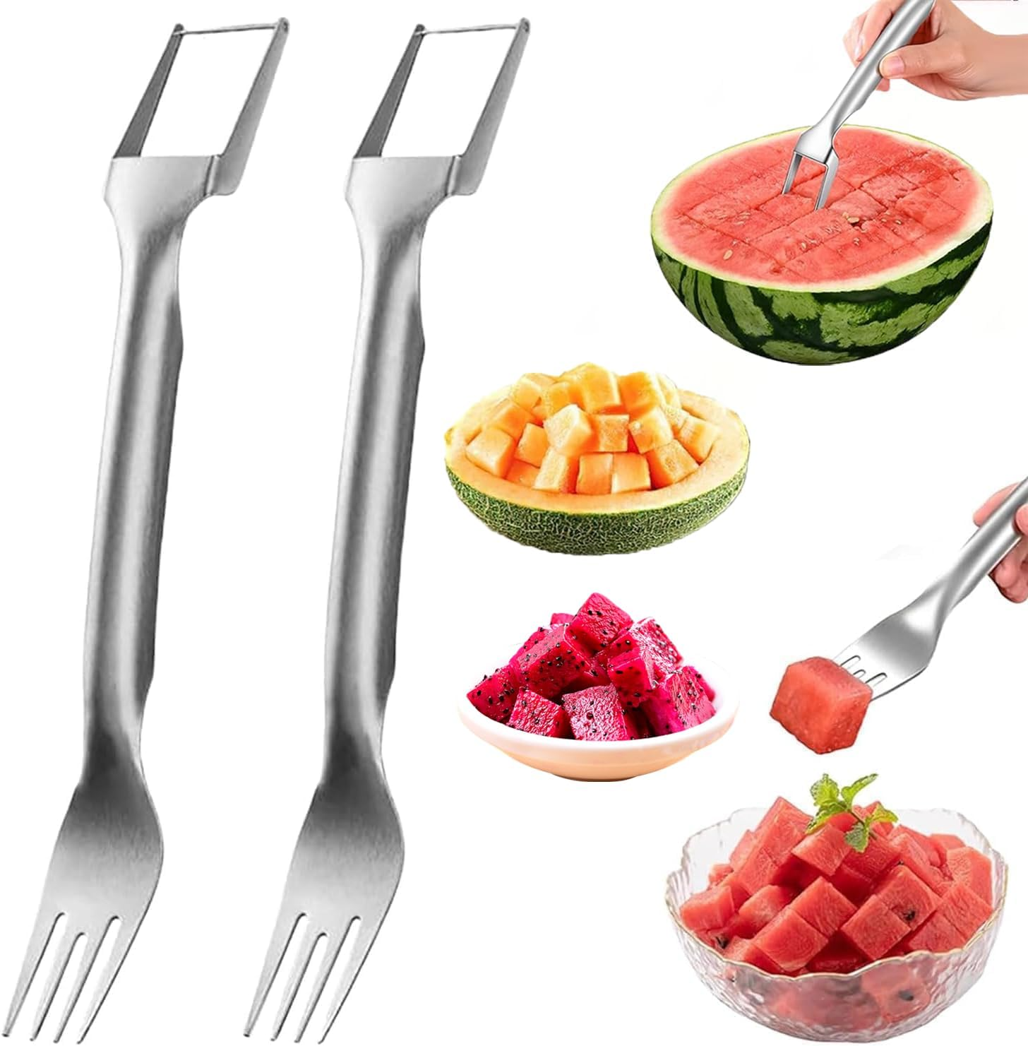 2-in-1 Stainless Steel Fruit Cutter, Dual Head Watermelon Fork Slicer Tool, Watermelon Cube Cutter