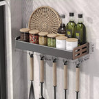 Wall Mount Spice Rack Utensil Holder Kitchen Shelf Hooks