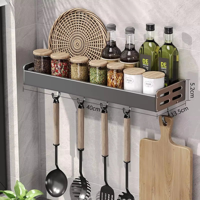 Wall Mount Spice Rack Utensil Holder Kitchen Shelf Hooks