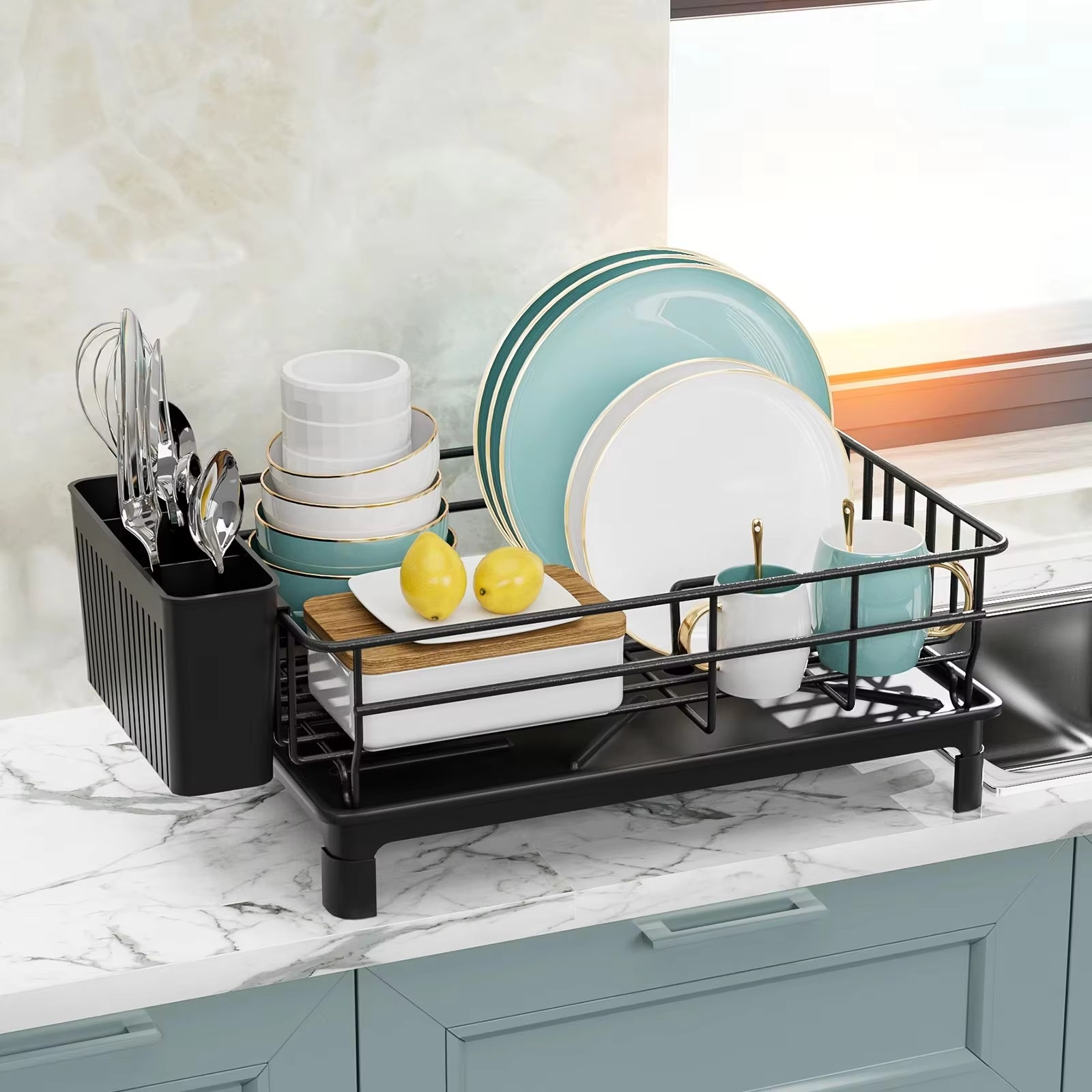 Rustproof Dish Drying Rack with Utensil Holder & Drain Board
