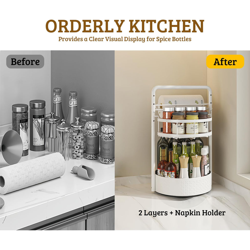 2 Tier Rotating Spice Rack with Paper Towel Holder