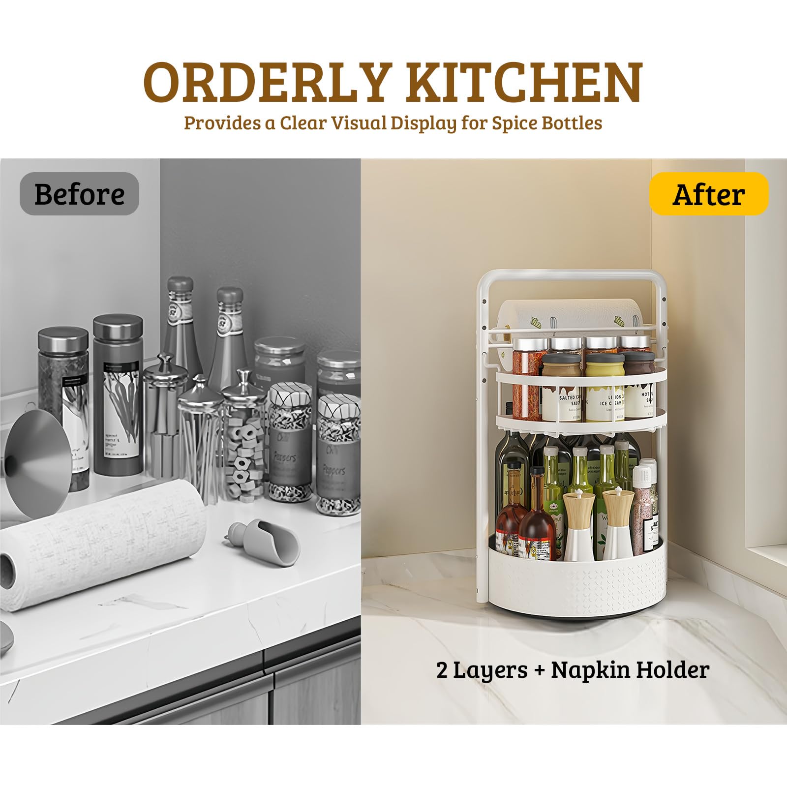 2 Tier Rotating Spice Rack with Paper Towel Holder