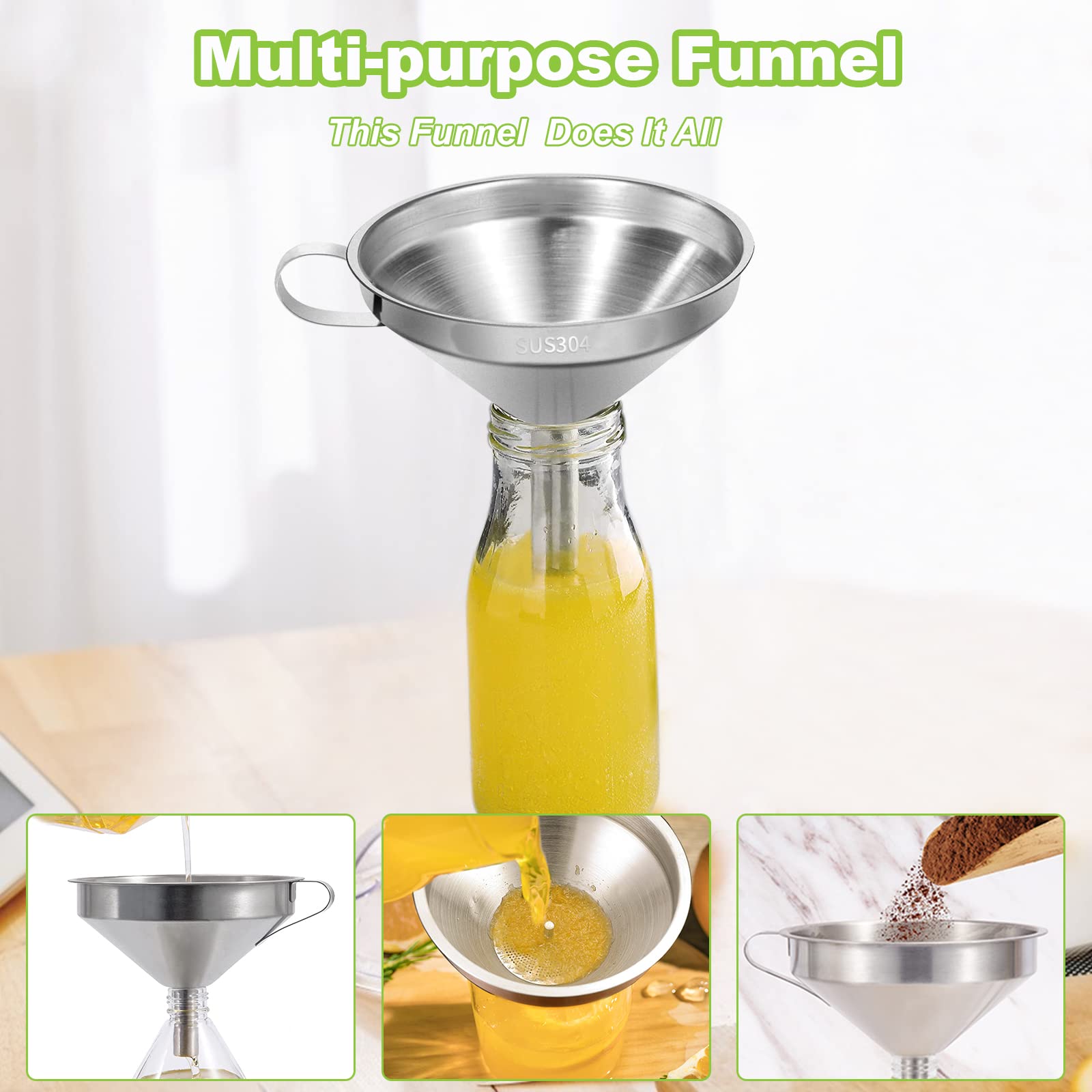 Stainless Steel Kitchen Funnel for Filling Bottles, Transferring Liquid, Oil, Juice, Milk