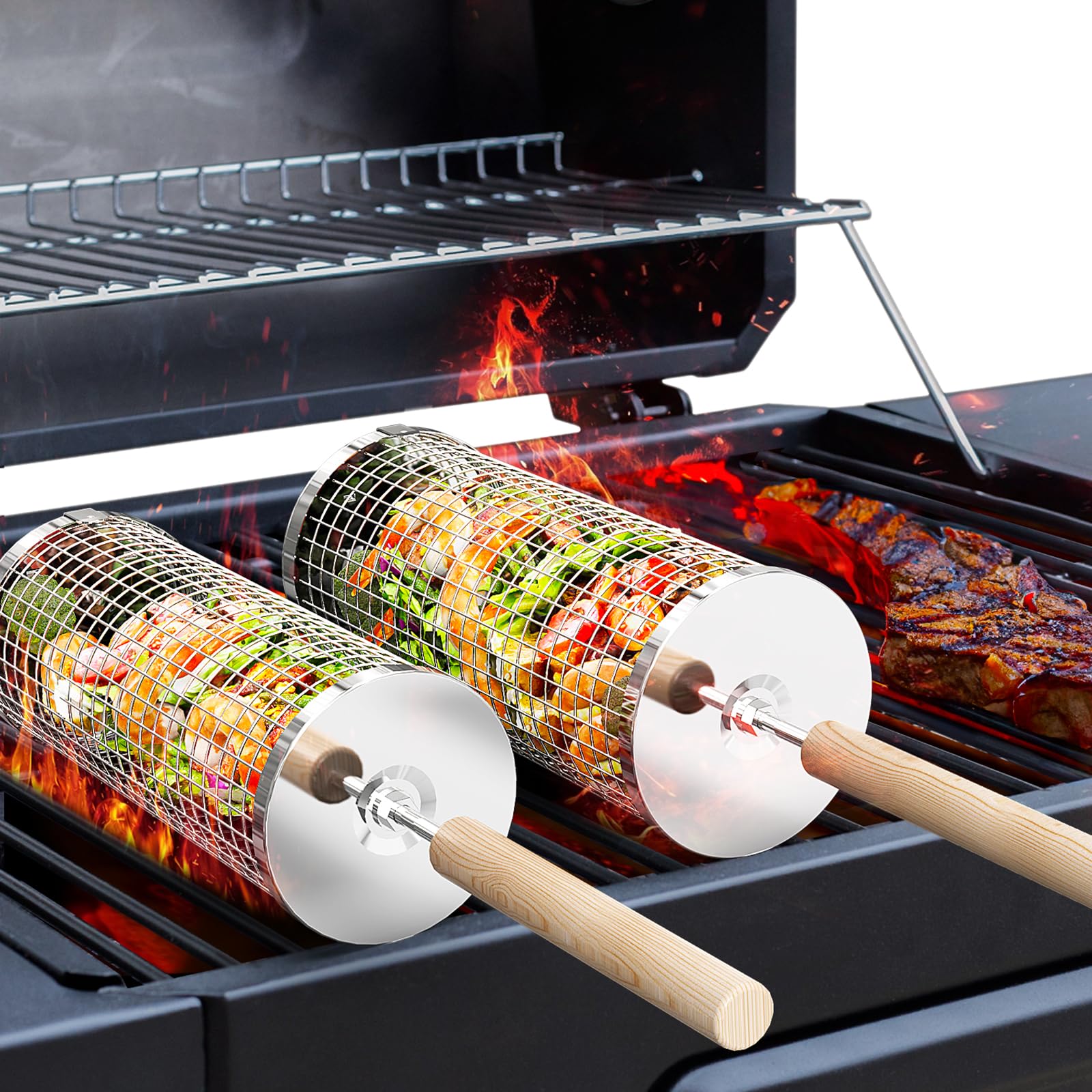 Stainless Steel Rolling Grill Basket 1 Set