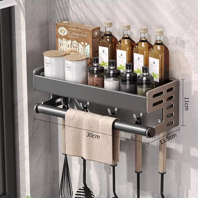Wall Mount Spice Rack Utensil Holder Kitchen Shelf Hooks