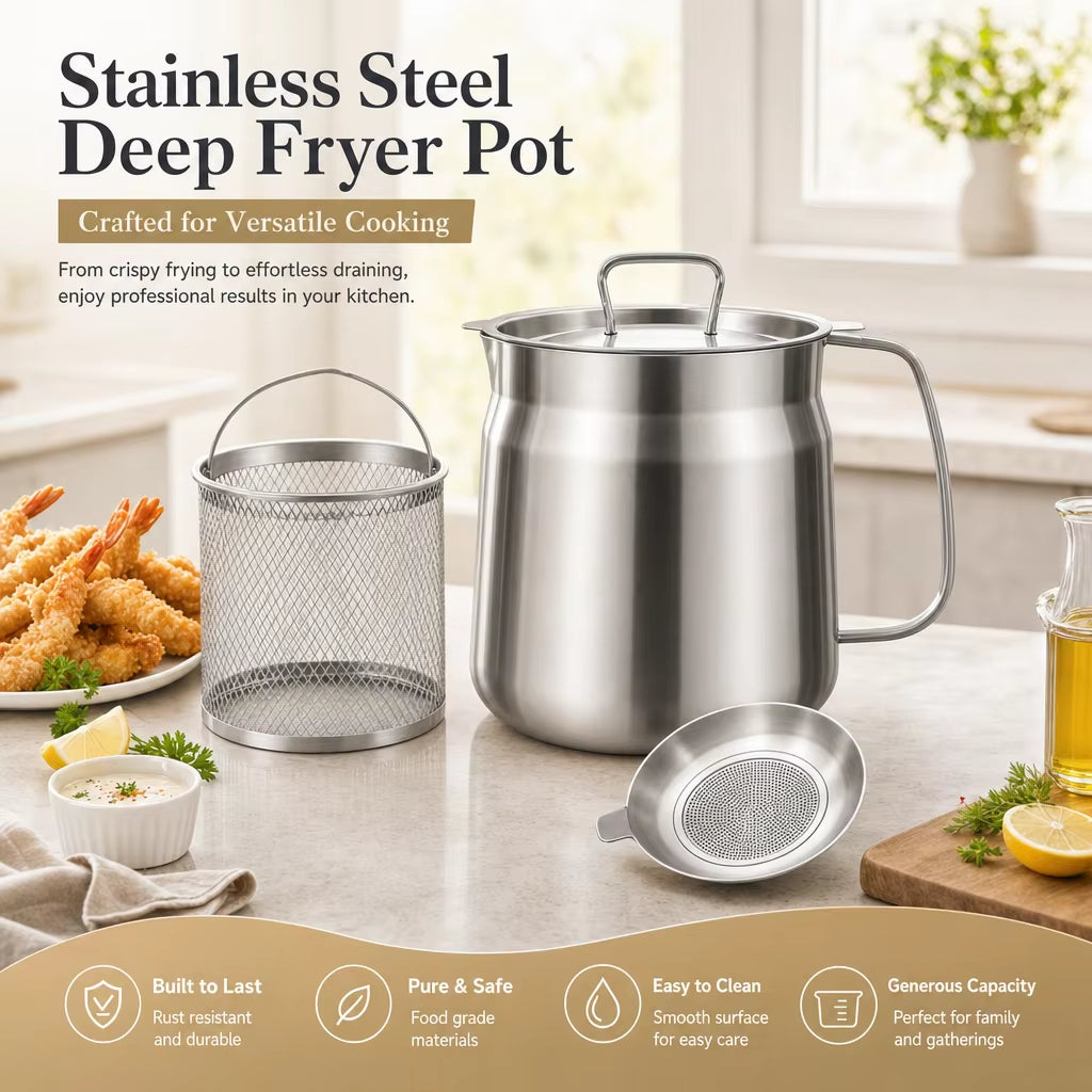 Stainless Steel Deep Fryer Pot with Basket & Strainer