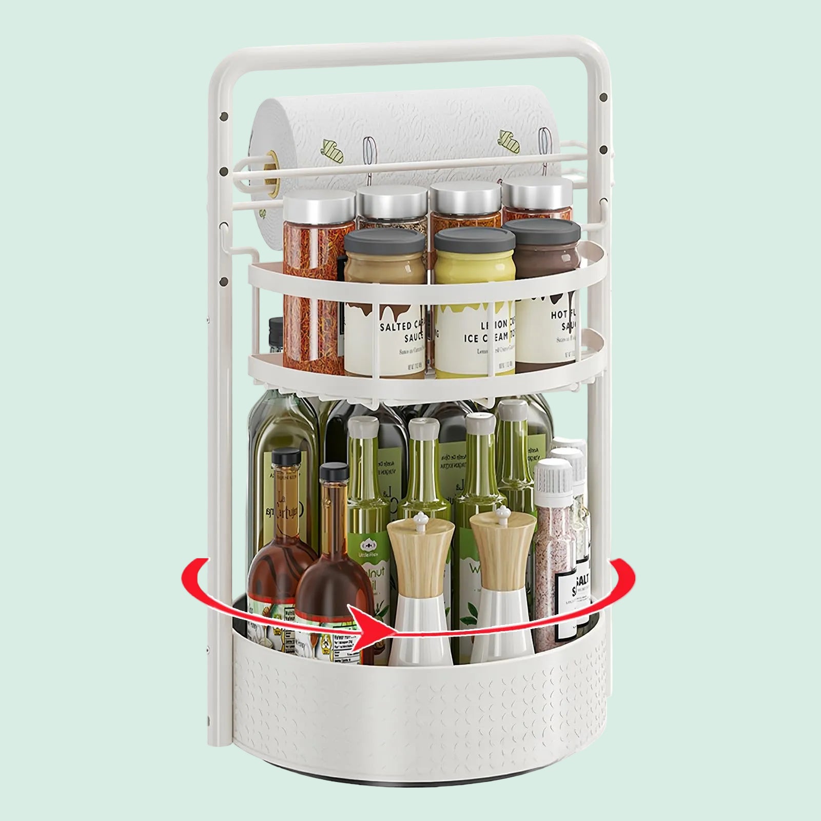 2 Tier Rotating Spice Rack with Paper Towel Holder