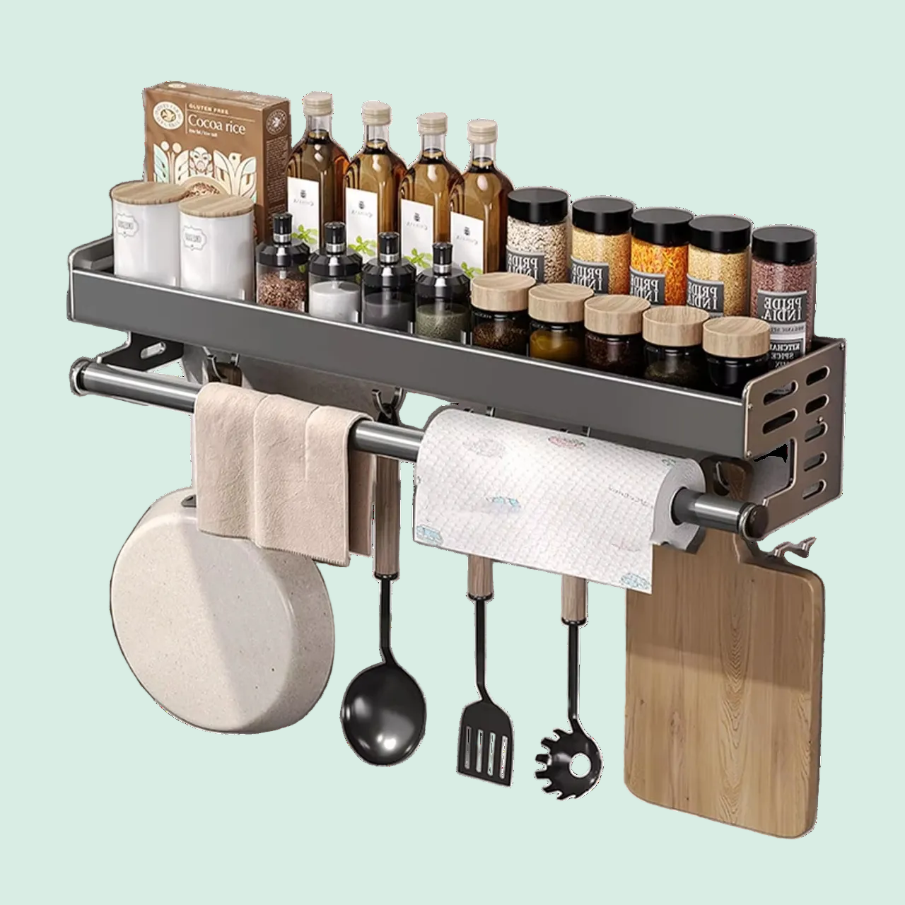 Wall Mount Spice Rack Utensil Holder Kitchen Shelf Hooks