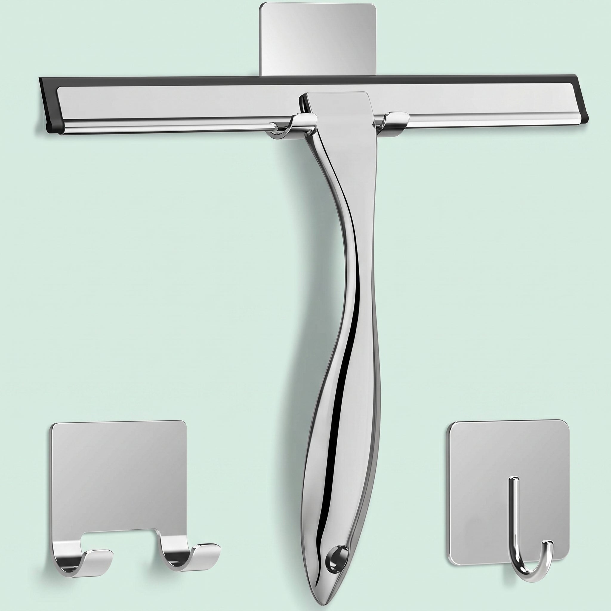 All-Purpose Stainless Steel Shower Squeegee with 2 Adhesive Hooks